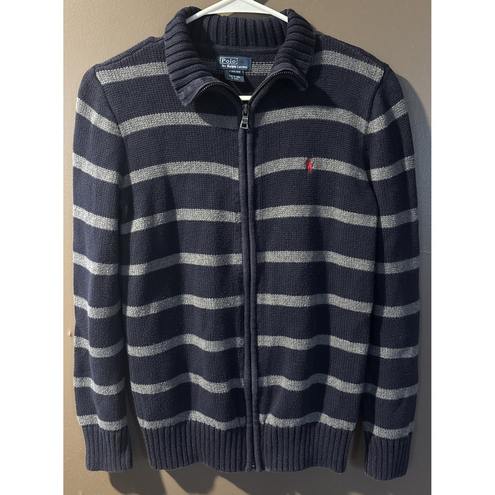 Polo Ralph Lauren Sweater Youth L Large 14-16 Navy Cotton Knit Full Zip Mock